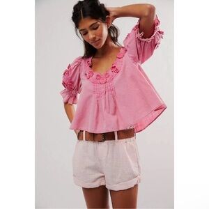 Free People Sophie Floral Embroidered Blouse Top Puffed Sleeve Cotton Size Small